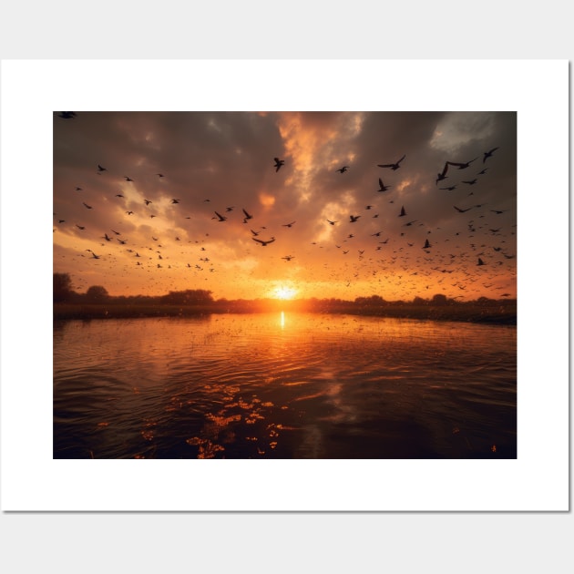 Harmonious Flight of Birds over the Tranquil Lake Wall Art by MerlinArt